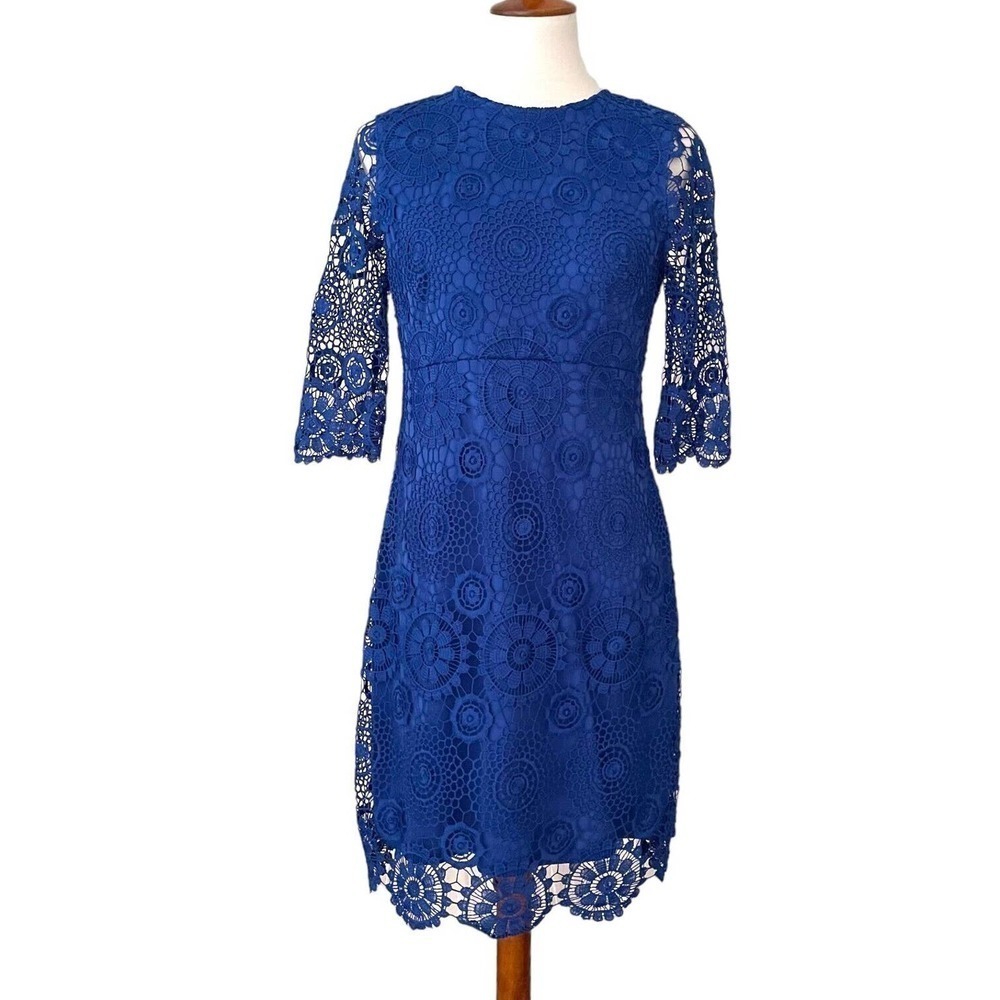 Taylor Blue Floral Lace 3/4 Sleeve Lined Back Zip Sheath Dress Size 6